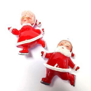Vintage Skating Santa and Mrs Claus Christmas Ornaments